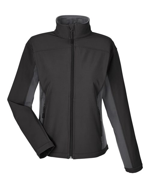 Devon & Jones D997W Ladies' Soft Shell Colorblock Jacket #color_BLCK/ DK CHRCOAL