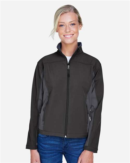 Devon & Jones D997W Ladies' Soft Shell Colorblock Jacket #color_BLCK/ DK CHRCOAL