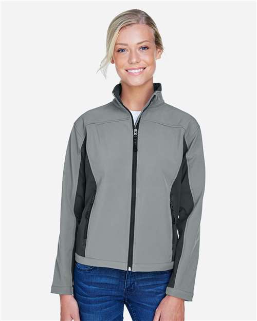 Devon & Jones D997W Ladies' Soft Shell Colorblock Jacket #color_CHARCL/ DK CHRCL