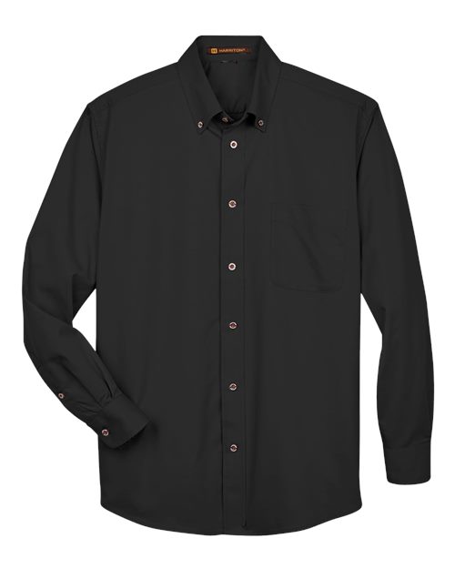 Harriton M500 Men's Easy Blend Long-Sleeve TwillShirt withStain-Release #color_BLACK