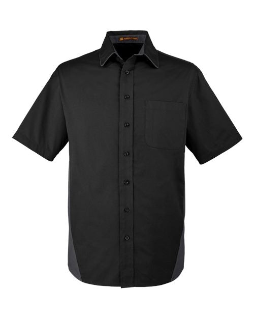 Harriton M586 Men's Flash IL Colorblock Short Sleeve Shirt #color_BLACK/ DK CHARCL