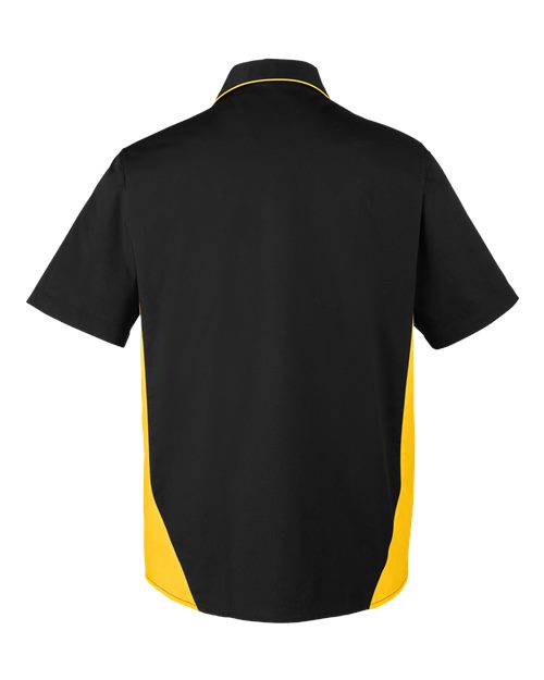 Harriton M586 Men's Flash IL Colorblock Short Sleeve Shirt #color_BLACK/ SNRY YLLW