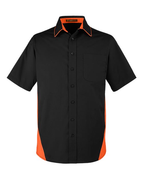 Harriton M586 Men's Flash IL Colorblock Short Sleeve Shirt #color_BLACK/ TM ORANGE