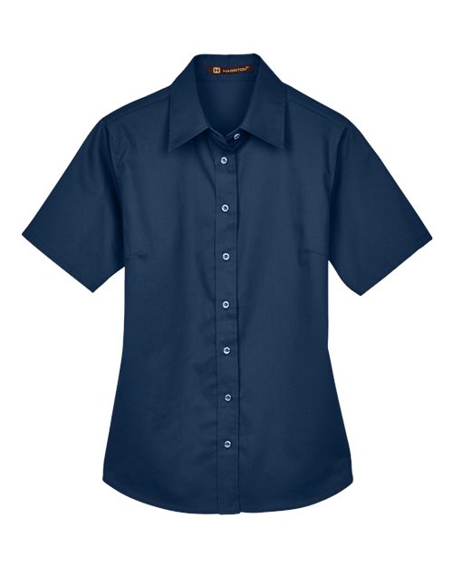 Harriton M500SW Ladies' Easy Blend Short-Sleeve Twill Shirt withStain-Release #color_NAVY