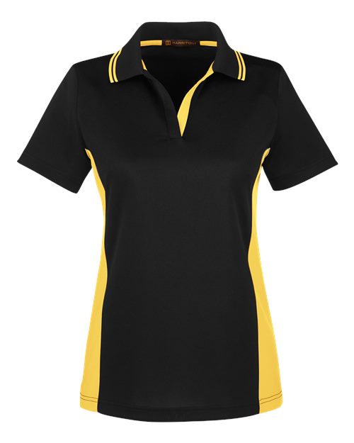 Harriton M386W Ladies' Flash Snag Protection Plus IL Colorblock Polo #color_BLACK/ SNRY YLLW