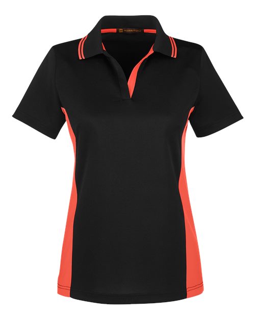 Harriton M386W Ladies' Flash Snag Protection Plus IL Colorblock Polo #color_BLACK/ TM ORANGE
