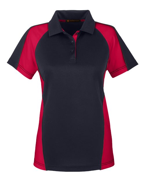 Harriton M385W Ladies' Advantage Snag Protection Plus IL Colorblock Polo #color_BLK/ RED/ D CHRC