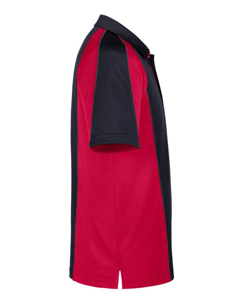Harriton M385 Men's Advantage Snag Protection Plus IL Colorblock Polo #color_BLK/ RED/ D CHRC