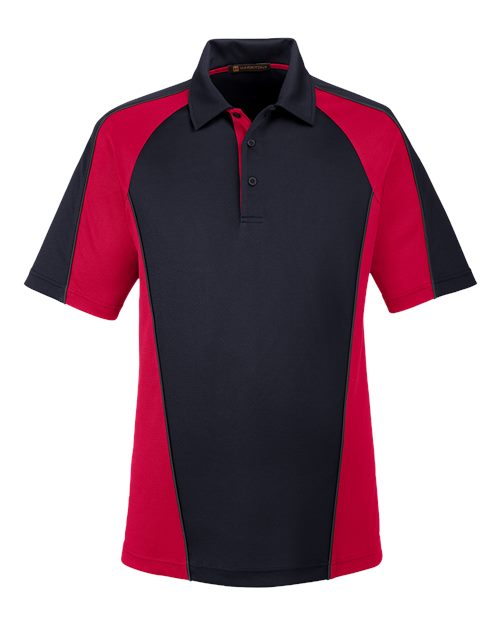 Harriton M385 Men's Advantage Snag Protection Plus IL Colorblock Polo #color_BLK/ RED/ D CHRC