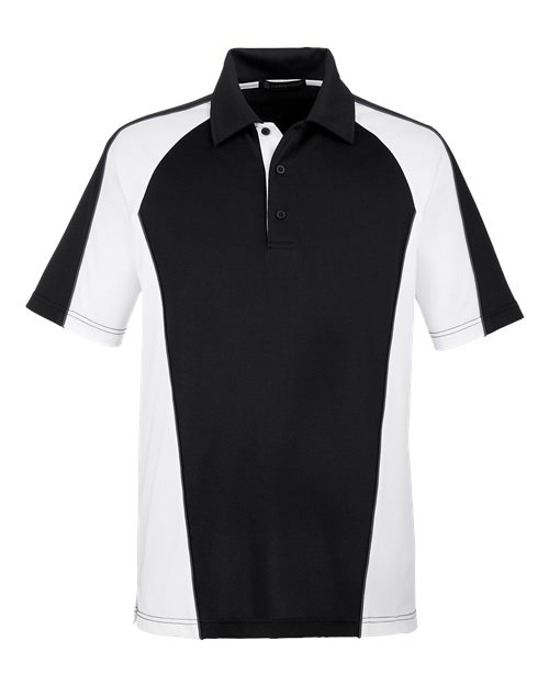 Harriton M385 Men's Advantage Snag Protection Plus IL Colorblock Polo #color_BLK/ WHT/ D CHRC