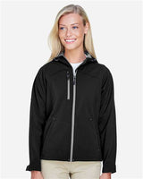 North End 78166 Ladies' Prospect Two-Layer Fleece Bonded Soft Shell Hooded Jacket #color_BLACK