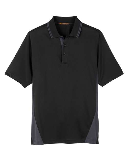 Harriton M386T Men's Tall Flash Snag Protection Plus IL Colorblock Polo #color_BLACK/ DK CHARCL