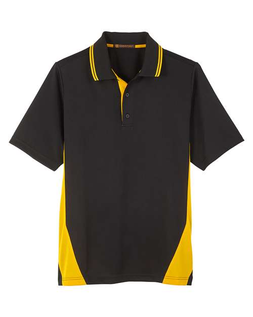 Harriton M386T Men's Tall Flash Snag Protection Plus IL Colorblock Polo #color_BLACK/ SNRY YLLW