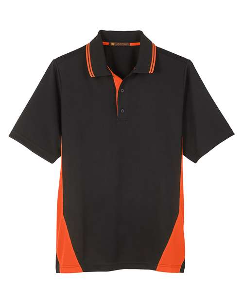 Harriton M386T Men's Tall Flash Snag Protection Plus IL Colorblock Polo #color_BLACK/ TM ORANGE