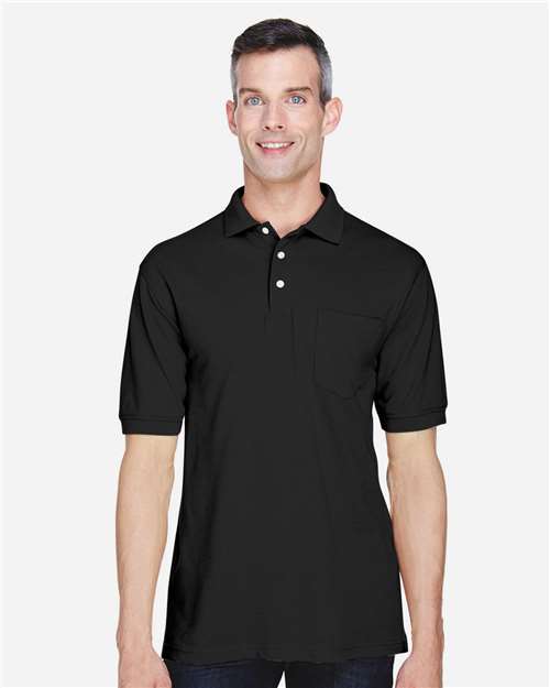 Harriton M265P Men's 5.6 oz. Easy Blend Polo withPocket #color_BLACK
