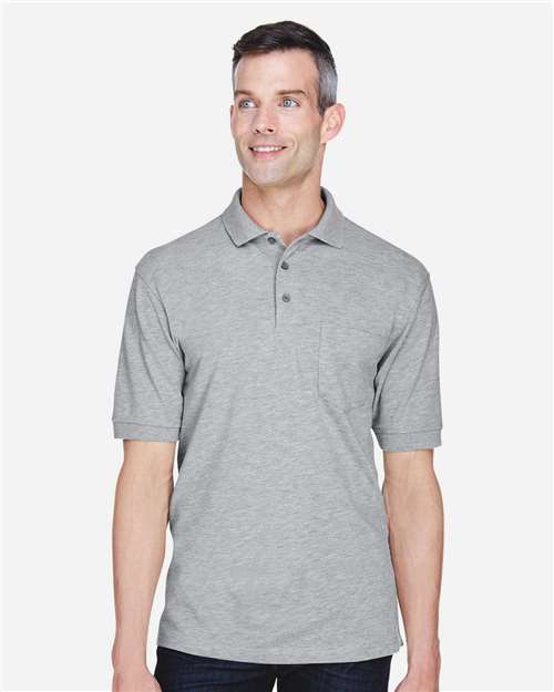 Harriton M265P Men's 5.6 oz. Easy Blend Polo withPocket #color_GREY HEATHER