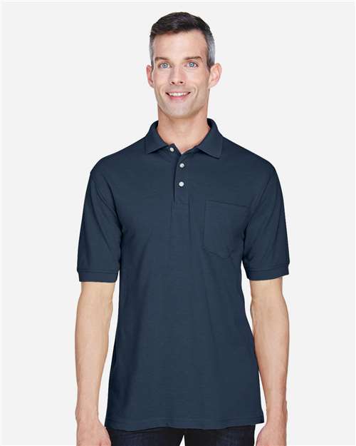 Harriton M265P Men's 5.6 oz. Easy Blend Polo withPocket #color_NAVY