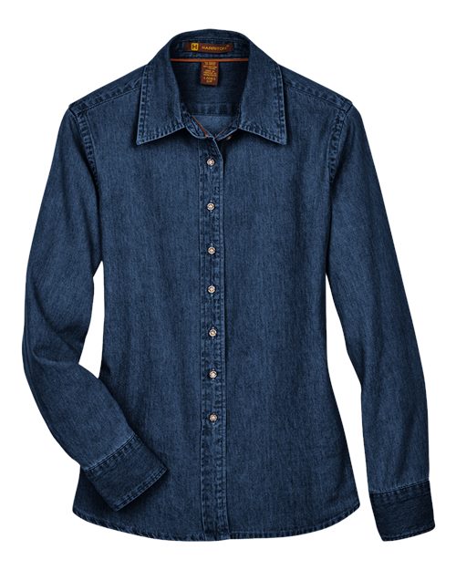 Harriton M550W Ladies' 6.5 oz. Long-Sleeve Denim Shirt #color_DARK DENIM
