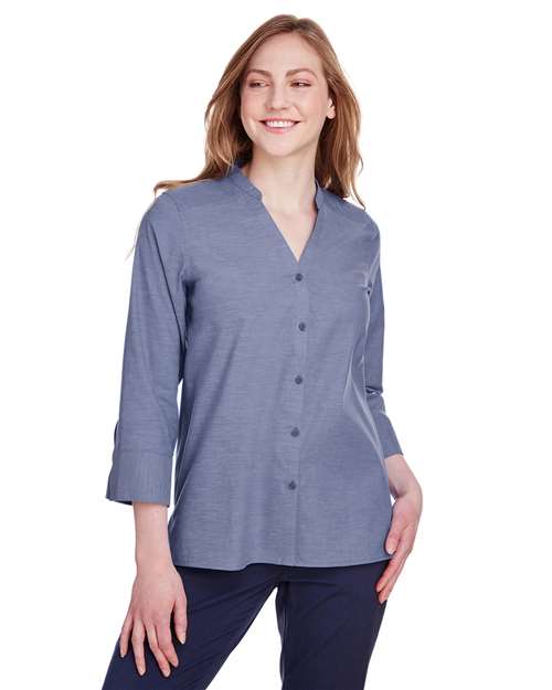 Devon & Jones DG562W Ladies' Crown Collection Stretch Pinpoint Chambray 3/4 Sleeve Blouse #color_NAVY