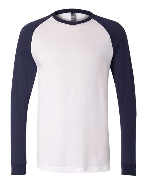 Bella + Canvas 3000C Men's Jersey Long-Sleeve Baseball T-Shirt #color_WHITE/ NAVY
