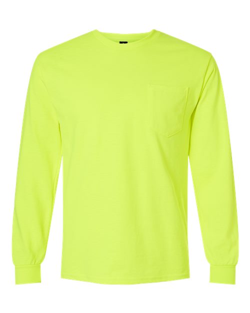 Gildan G241 Adult Ultra Cotton Long-Sleeve Pocket T-Shirt #color_SAFETY GREEN