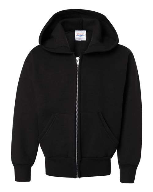 Hanes P480 Youth EcoSmart 50/50 Full-Zip Hooded Sweatshirt #color_BLACK