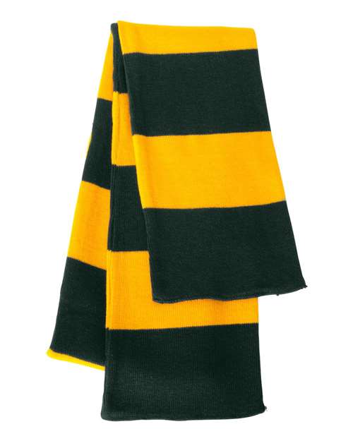 Sportsman SP02 Rugby-Striped Knit Scarf #color_Forest/ Gold