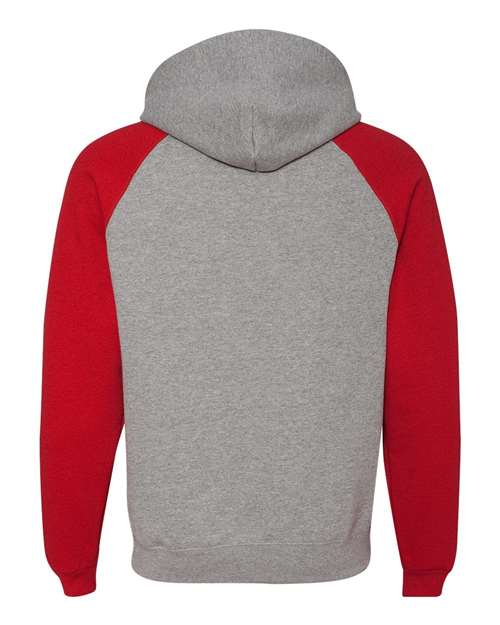 Jerzees 96CR Adult NuBlend Colorblock Raglan Pullover Hooded Sweatshirt #color_OXFORD/ TRUE RED