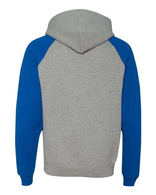 Jerzees 96CR Adult NuBlend Colorblock Raglan Pullover Hooded Sweatshirt #color_OXFORD/ ROYAL