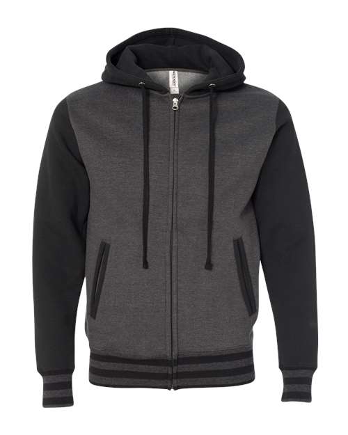 Independent Trading Co. IND45UVZ Heavyweight Varsity Full-Zip Hooded Sweatshirt #color_Charcoal Heather/ Black