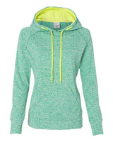 J America JA8616 Ladies' Cosmic Contrast Fleece Hooded Sweatshirt #color_EMER FLK/ NEO YL