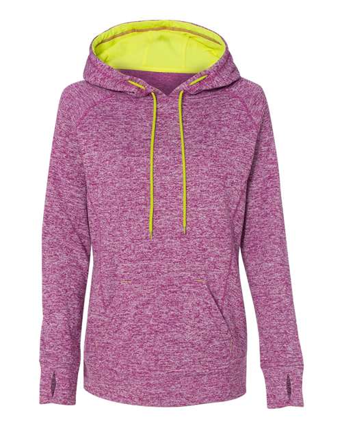 J America JA8616 Ladies' Cosmic Contrast Fleece Hooded Sweatshirt #color_MAG FLCK/ NEO YL