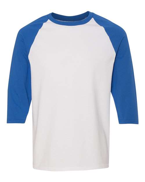 Gildan G570 Adult Heavy Cotton 3/4-Raglan Sleeve T-Shirt #color_WHITE/ ROYAL