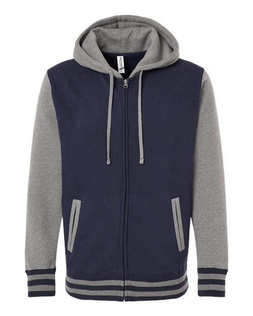 Independent Trading Co. IND45UVZ Heavyweight Varsity Full-Zip Hooded Sweatshirt #color_Classic Navy/ Gunmetal Heather