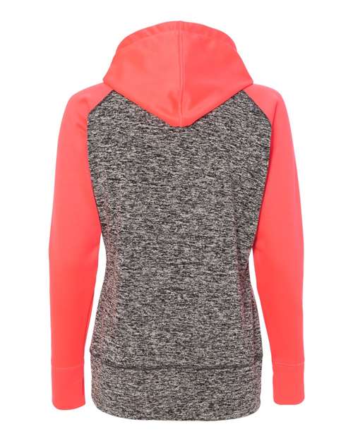J America JA8618 Ladies' Colorblock Cosmic Hooded Sweatshirt #color_CHR FLK/ FIRE CR