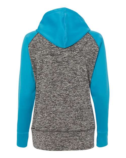J America JA8618 Ladies' Colorblock Cosmic Hooded Sweatshirt #color_CHR FLK/ ELEC BL