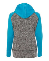 J America JA8618 Ladies' Colorblock Cosmic Hooded Sweatshirt #color_CHR FLK/ ELEC BL