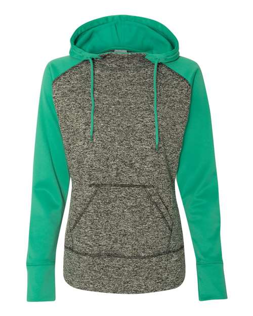 J America JA8618 Ladies' Colorblock Cosmic Hooded Sweatshirt #color_CHR FLK/ EMERALD