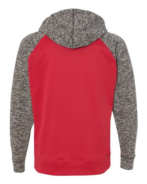 J America JA8612 Adult Colorblock Cosmic Pullover Hooded Sweatshirt #color_RED/ CHRCOAL FLK