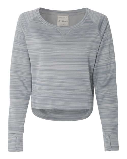 J America JA8663 Ladies' Odyssey Striped Poly Fleece Hi-Lo Crew #color_QUARRY STRIPE