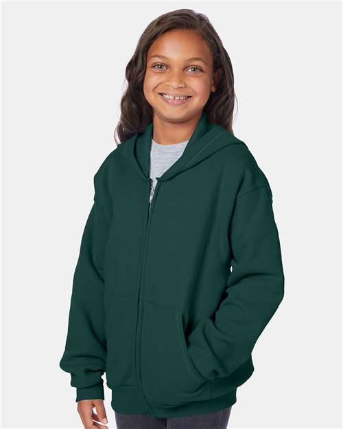 Hanes P480 Youth EcoSmart 50/50 Full-Zip Hooded Sweatshirt #color_DEEP FOREST