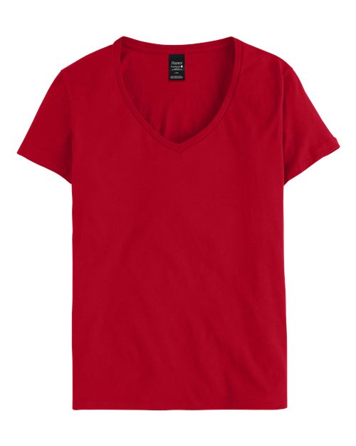 Hanes S04V Ladies' Nano-T V-Neck T-Shirt #color_DEEP RED