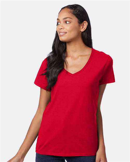 Hanes S04V Ladies' Nano-T V-Neck T-Shirt #color_DEEP RED