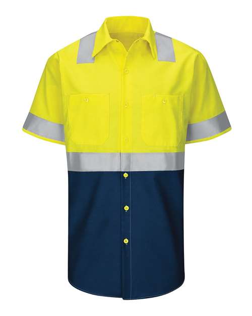 Red Kap SY24 Enhanced & Hi-Visibility Work Shirt #color_Fluorescent Yellow/ Green/ Navy
