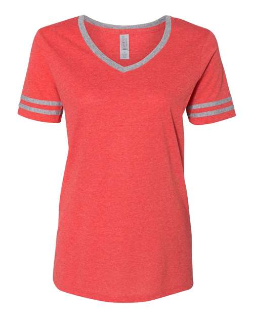 Jerzees 602WVR Ladies' TRI-BLEND Varsity V-Neck T-Shirt #color_FR RED HTH/ OXFR