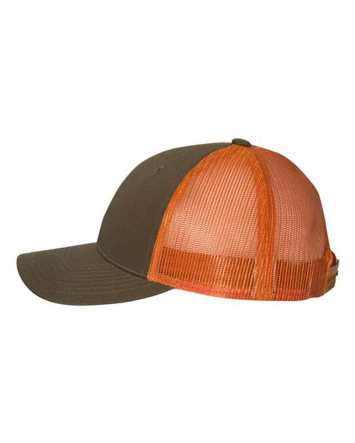 Richardson 115 Low Pro Trucker Cap #color_Dark Loden/ Jaffa Orange