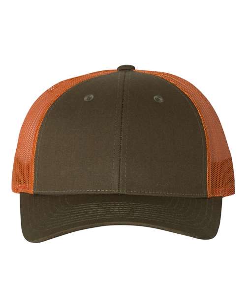 Richardson 115 Low Pro Trucker Cap #color_Dark Loden/ Jaffa Orange