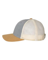 Richardson 115 Low Pro Trucker Cap #color_Heather Grey/ Birch/ Amber Gold