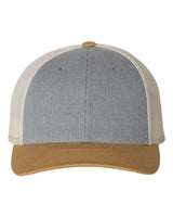 Richardson 115 Low Pro Trucker Cap #color_Heather Grey/ Birch/ Amber Gold