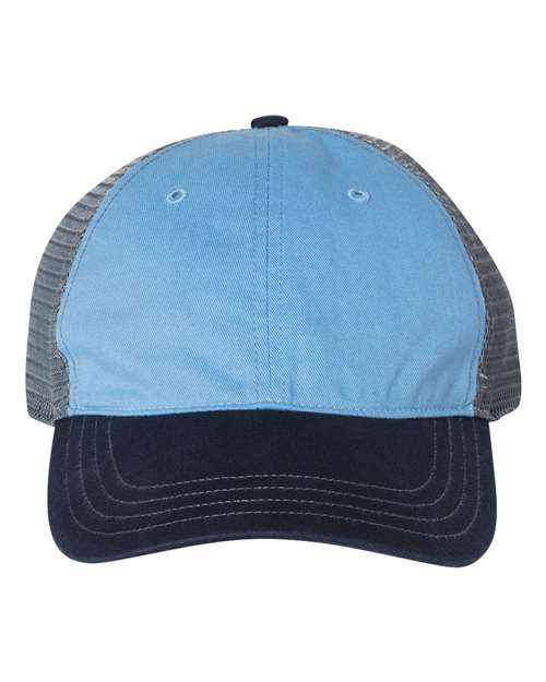 Richardson 111 Garment-Washed Trucker Cap #color_Columbia Blue/ Charcoal/ Navy
